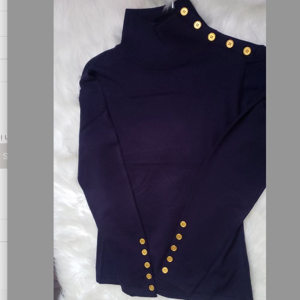 Navy Blue Embellished Button Shoulder Knitt Sweater